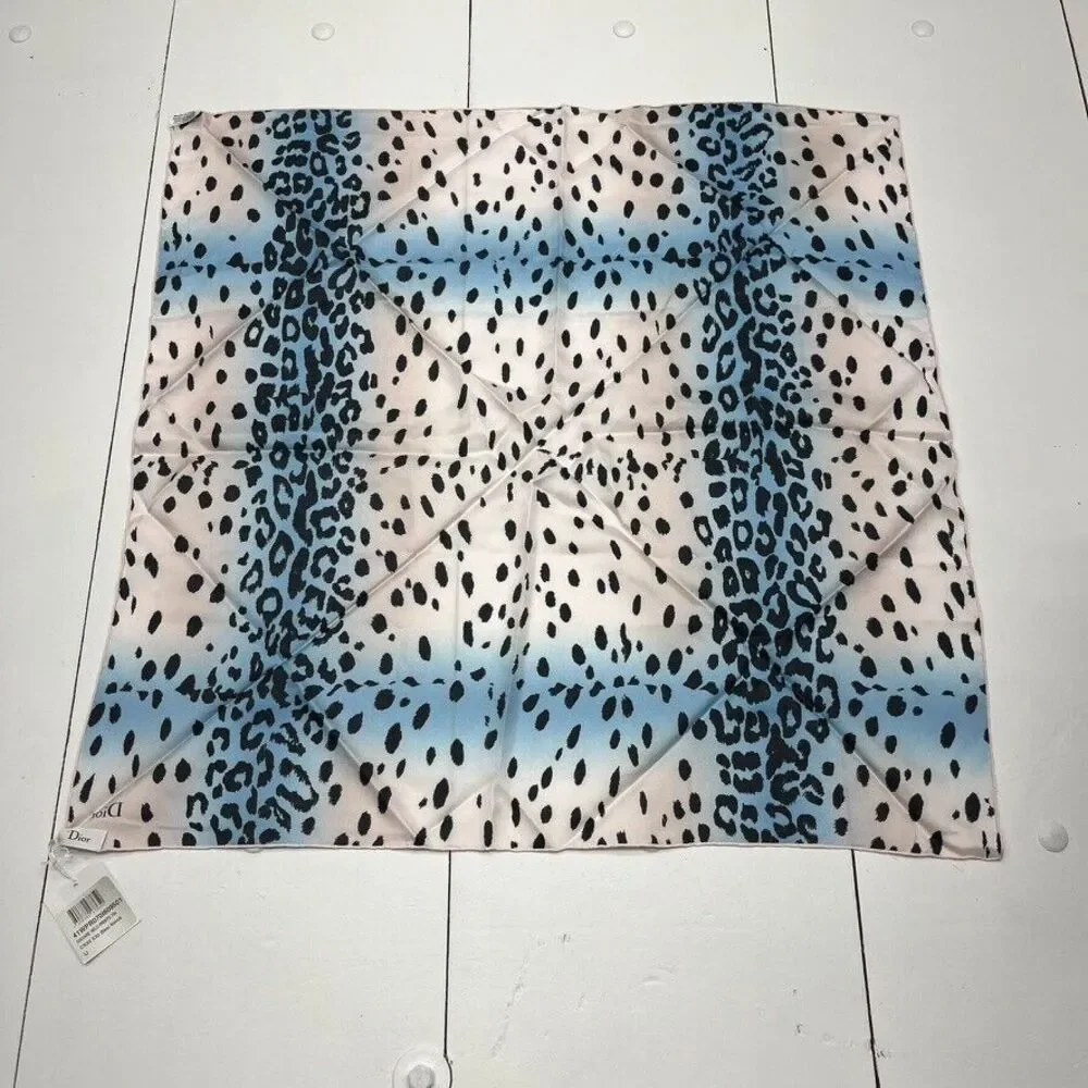 Dior White & Blue Leopard Printed Square 70 Scarf Women One Size NEW *